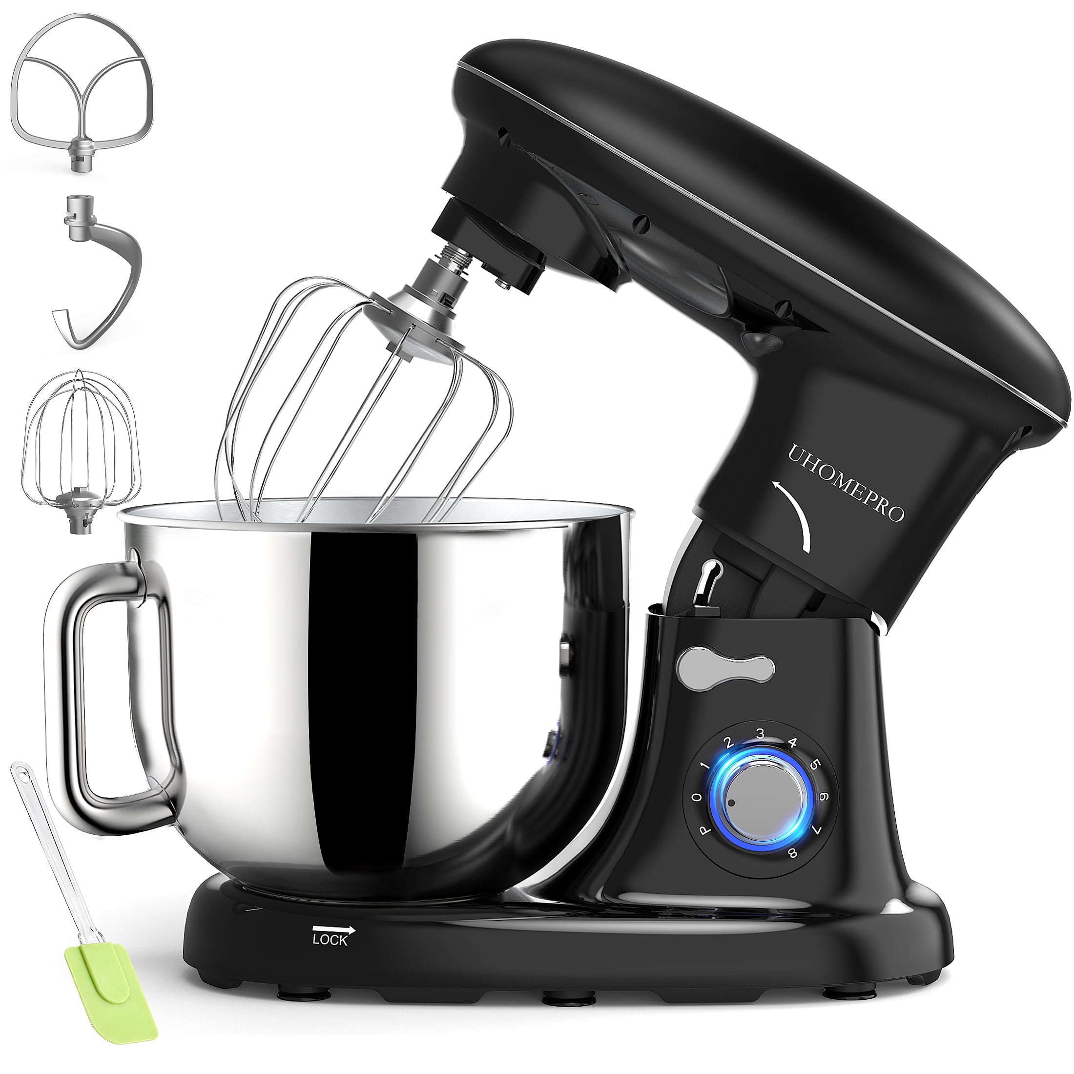 8.5QT Stand Mixer, UHOMEPRO 8-Speed Tilt-Head Kitchen Dough Mixer, 3-in-1 Home Commercial Electric Cake Mixer With Dough Hook, Beater, Egg Whisk, Dishwasher Safe, Black