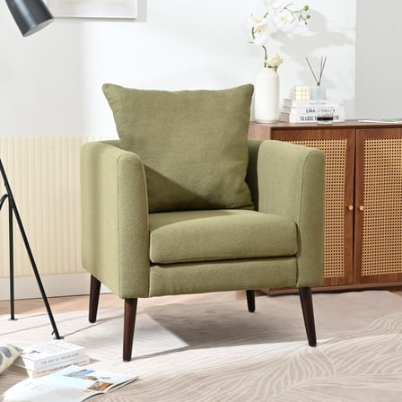 UHOMEPRO Accent Chair, Fleece Upholstered Armchair, Lounge Chair with Pillow, Modern Reading Chair with Wood Legs for Living Room Bedroom, Olive Green