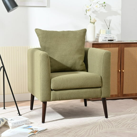 UHOMEPRO Accent Chair, Fleece Upholstered Armchair, Lounge Chair with Pillow, Modern Reading Chair with Wood Legs for Living Room Bedroom, Olive Green