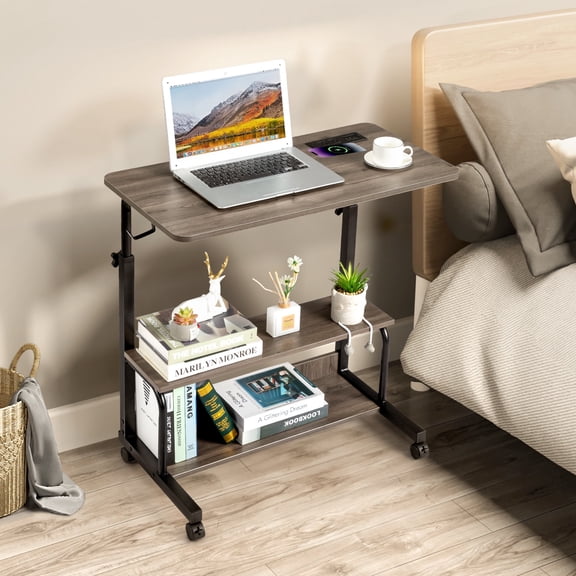 UHOMEPRO Adjustable Computer Desk with 3 USB + 2 AC Outlets, Height Adjustable Desk with Storage Drawers and Cabinet, Gray