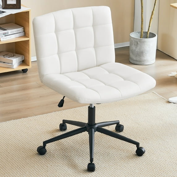 UHOMEPRO Armless Office Chair, Modern Swivel Vanity Chair with Wheels, Fabric Padded, Height Adjustable Wide Seat, Mid-back Chair, Computer Task Chair for Home Office, Bedroom, Leather White