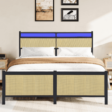 UHOMEPRO Queen Platform Bed Frame with Charging Station, Metal Bed Frame with Storage Headboard and LED Strips, No Box Spring Needed, Easy Assembly