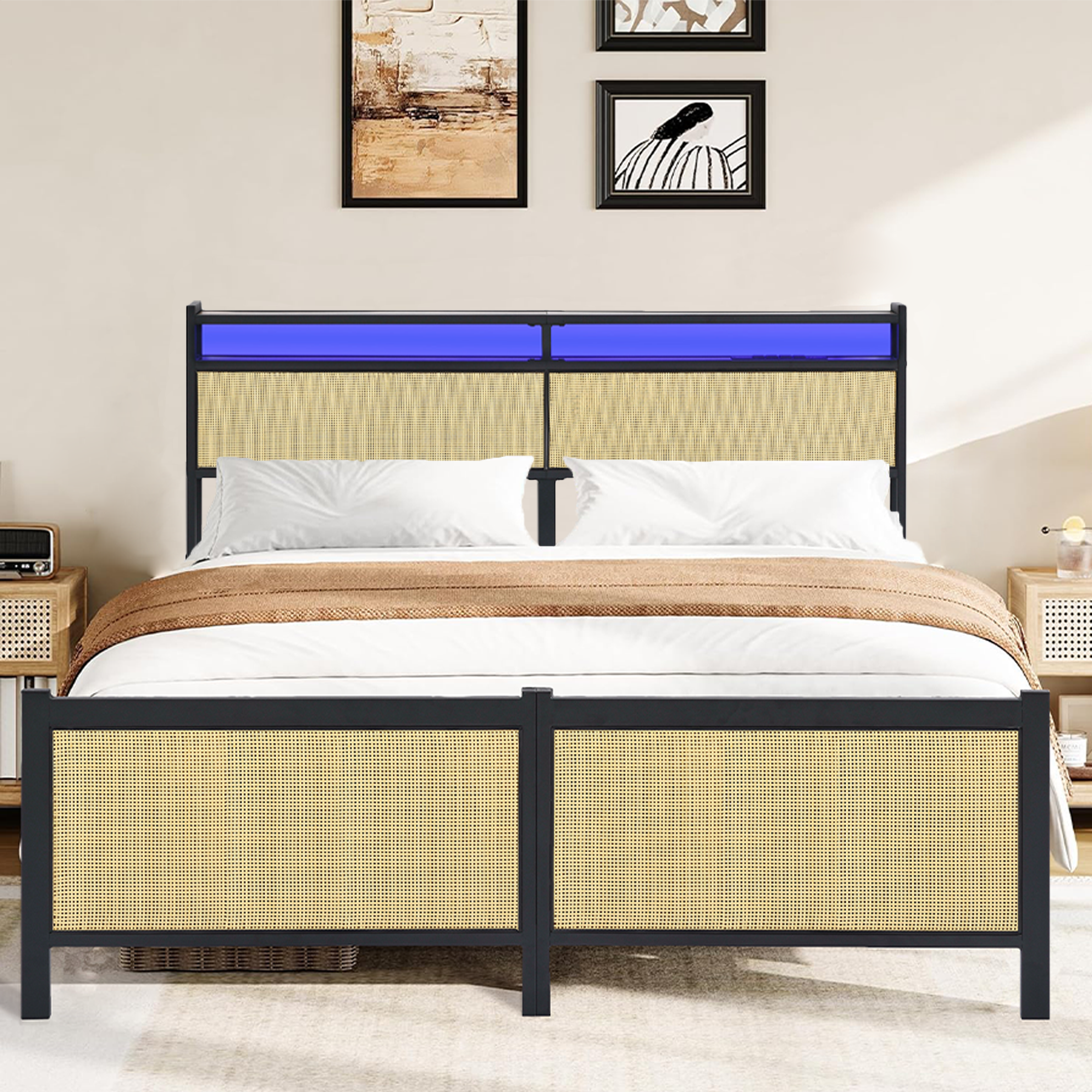 UHOMEPRO Queen Platform Bed Frame with Charging Station, Metal Bed Frame with Storage Headboard and LED Strips, No Box Spring Needed, Easy Assembly