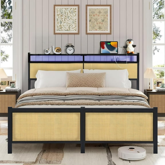 UHOMEPRO Queen Platform Bed Frame with Charging Station, Metal Bed Frame with Storage Headboard and LED Strips, No Box Spring Needed, Easy Assembly