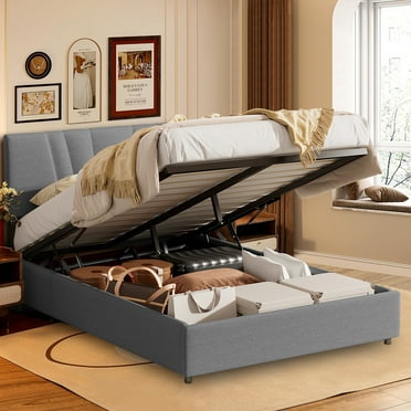 UHOMEPRO Queen Platform Bed Frame with Lifting Storage, Queen Bed Frame with Headboard and Solid Wood Legs, No Box Spring Needed, Easy Assembly,Gray