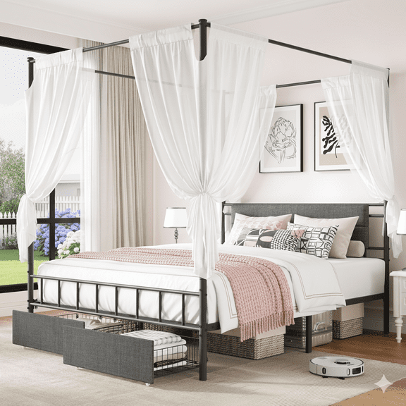 Queen Canopy Bed Frame with Headboard, UHOMEPRO Platform Bed Frame with Under-bed drawers, No Box Spring Needed, Black