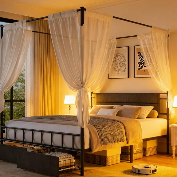 UHOMEPRO Canopy Bed Frame, Queen Canopy Platform Bed with Headboard, Sturdy Steel Easy Assembly No Box Spring Required, Black