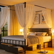UHOMEPRO Canopy Bed Frame, Queen Canopy Platform Bed with Headboard, Sturdy Steel Easy Assembly No Box Spring Required, Black