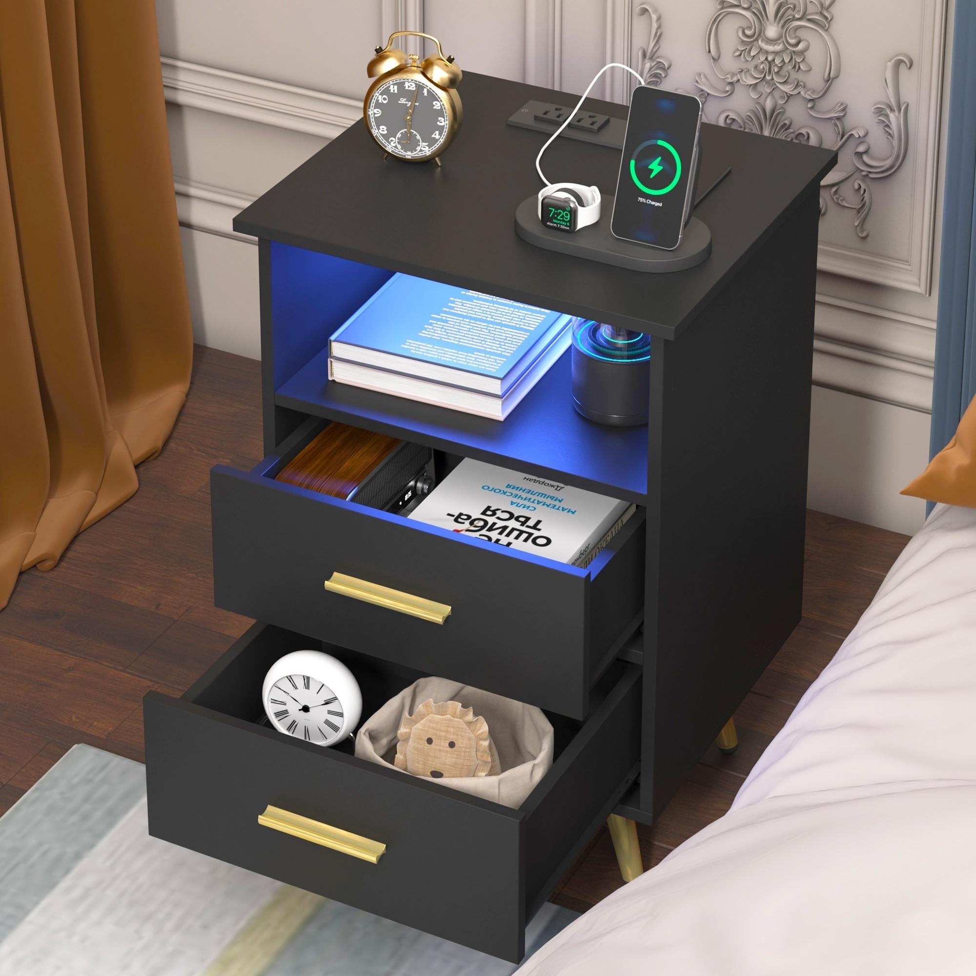 UHOMEPRO Black Nightstand with Charging Station, Bedside Table with LED Lights Strips, Modern End Side Table, Versatile Nightstand with Drawers, Side Table for Home and Office