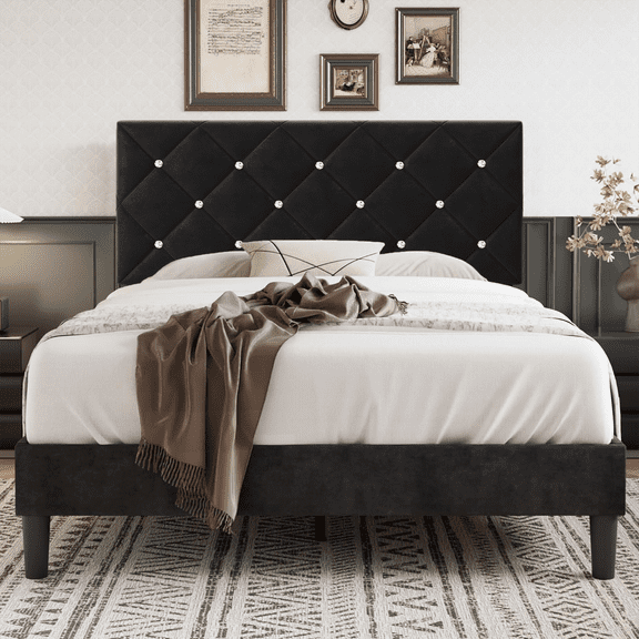 UHOMEPRO Full Bed Frame,  Black Platform Bed Frame with Velvet Upholstered Headboard, No Box Spring Needed, Easy Assembly