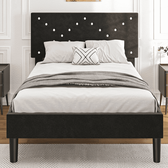 UHOMEPRO Black Platform Bed Frame, Twin Bed Frame with Velvet Upholstered Headboard, No Box Spring Needed, Easy Assembly