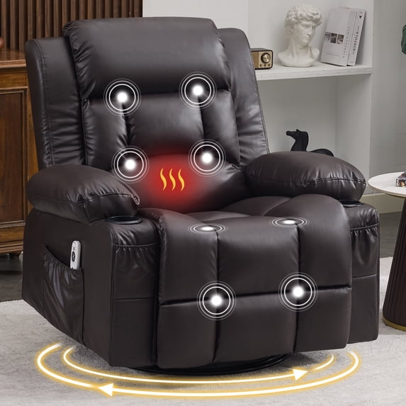 UHOMEPRO Swivel Recliner Chair for Adults, 360° Manual Swivel Rocker with Vibration Massage, Lumbar Heat, Leather Nursery Glider with Cup Holders and USB Port, Living Room and Bedroom, Brown