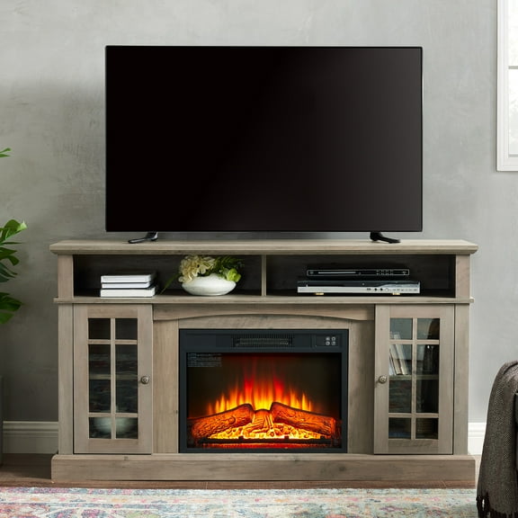 UHOMEPRO Classic TV Stand with 23" Fireplace Insert and Remote, Entertainment Center with Open and Closed Storage Space, Classic TV Cabinet for TVs Up to 65", Gray Wash