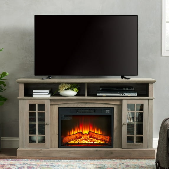 UHOMEPRO Classic TV Stand with 23" Fireplace Insert and Remote, Entertainment Center with Open and Closed Storage Space, Classic TV Cabinet for TVs Up to 65", Gray Wash