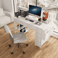 thumbnail image 1 of UHOMEPRO Computer Desk, 47" Home Office Desk with Power Outlet, 7 Drawers, Adjustable Shelves, Reversible Desk with Storage Bag, Writing Study Desk Gaming Desk, White, 1 of 7