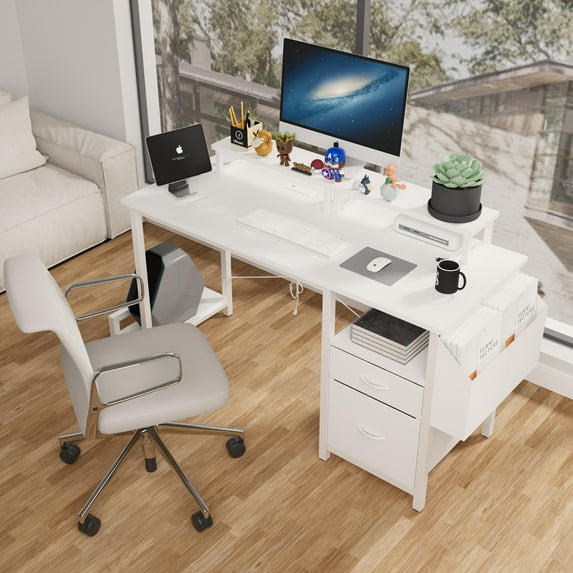 UHOMEPRO Computer Desk, 47" Home Office Desk with Power Outlet, Monitor Stand, 2 Drawers, Reversible Desk with Storage Bag and Hook, Writing Study Desk Gaming Desk, White