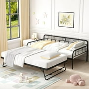 UHOMEPRO Daybed with Adjustable Trundle, Twin Metal Daybed with Pop Up Trundle Bed, Heavy-Duty Sofa with Portable Folding Trundle Bed for Bedroom Living Room (Black)