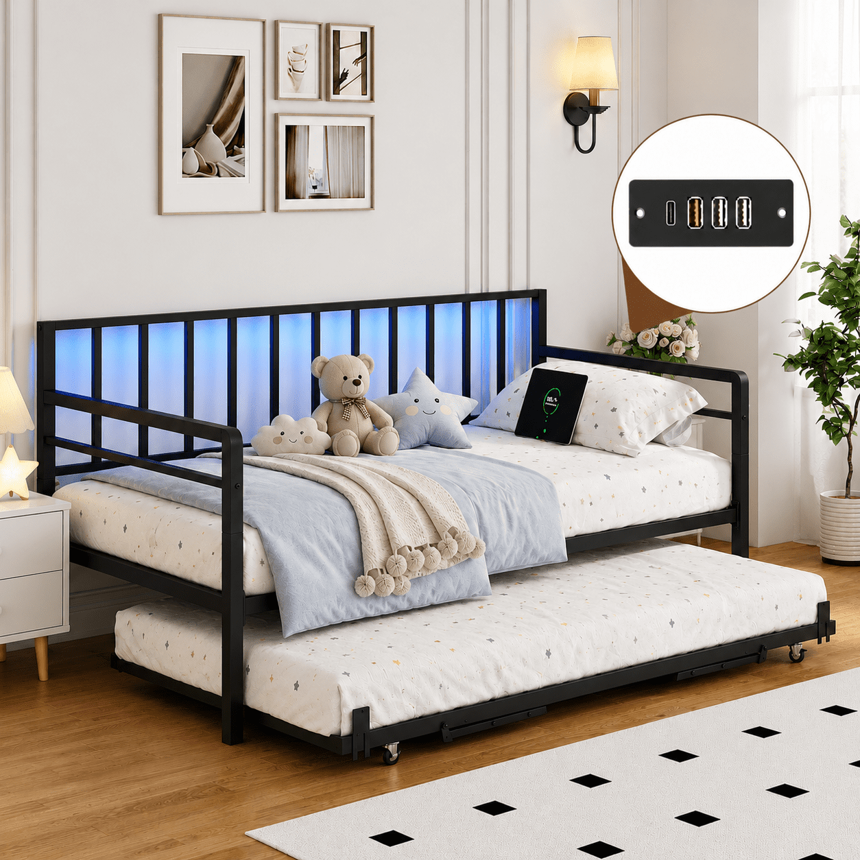 UHOMEPRO Twin Size Daybed with Trundle, Metal Daybed Frame with RGB LED Lights and Charging Station, Height Adjustable Twin Bed Frame No Box Spring Needed, for Bedroom Living Room Guest Room, Black
