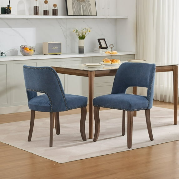 UHOMEPRO Dining Chair Set of 2, Mid-Century Fabric Upholstered Dining Room Chairs, Modern Kitchen Chairs with Curved Backrest and Copper Nails for Dining Room Living Room Kitchen, Blue