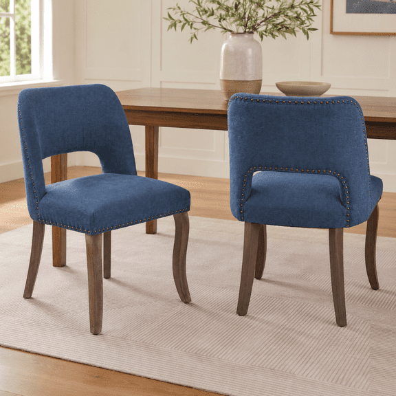Wooden Dining Chairs Set of 2, Upholstered Fabric Dining Room Chairs with Curved Backrest, Foam Cushion, Copper Nail Trim and Rubberwood Legs, Modern Kitchen Chairs, Blue