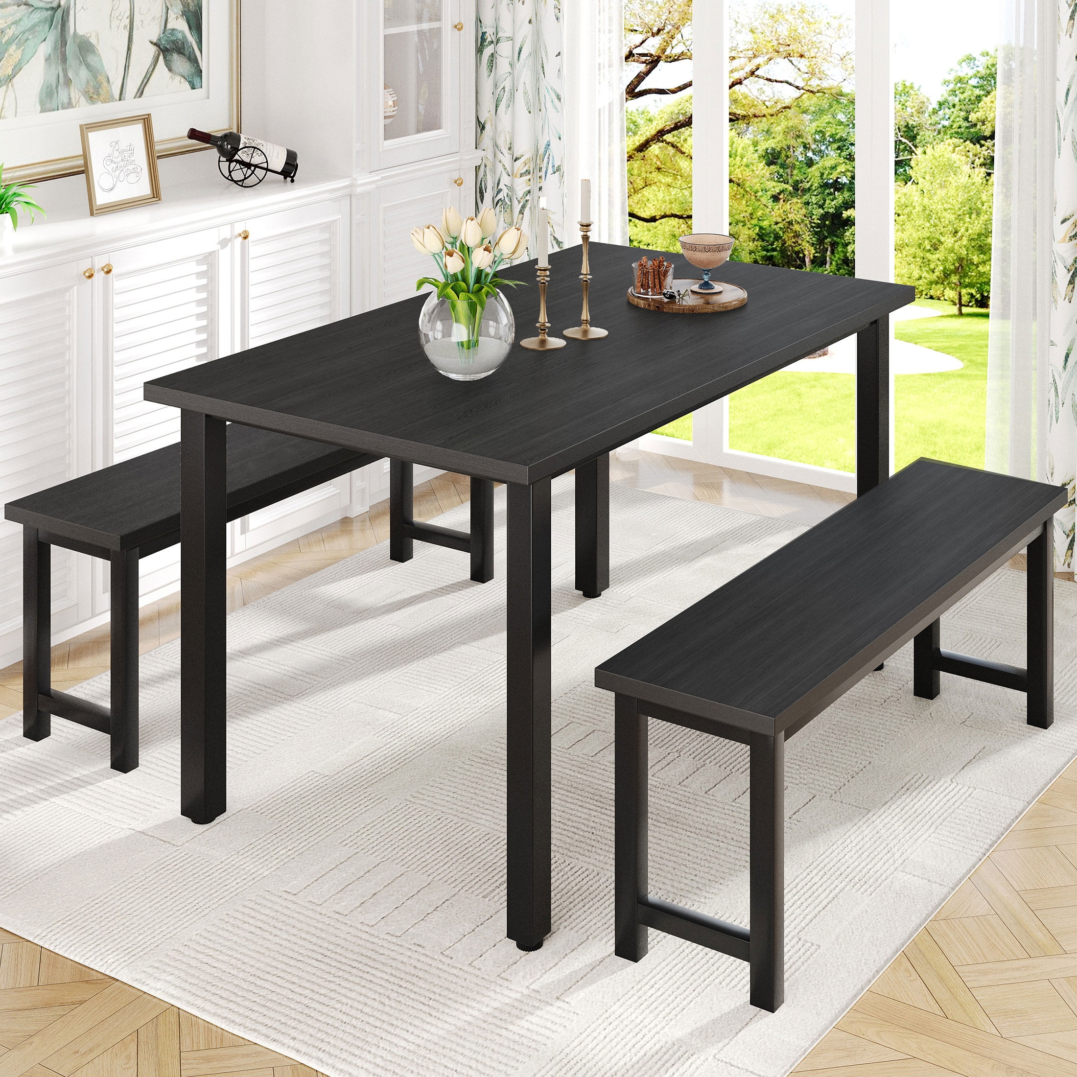 UHOMEPRO Dining Room Table Set, 3-Piece Breakfast Nook Dining Table Set with 2 Benches, Dining Room Table Set Kitchen Table Set with Metal Frame, Modern Furniture for Home Cafeteria, Black