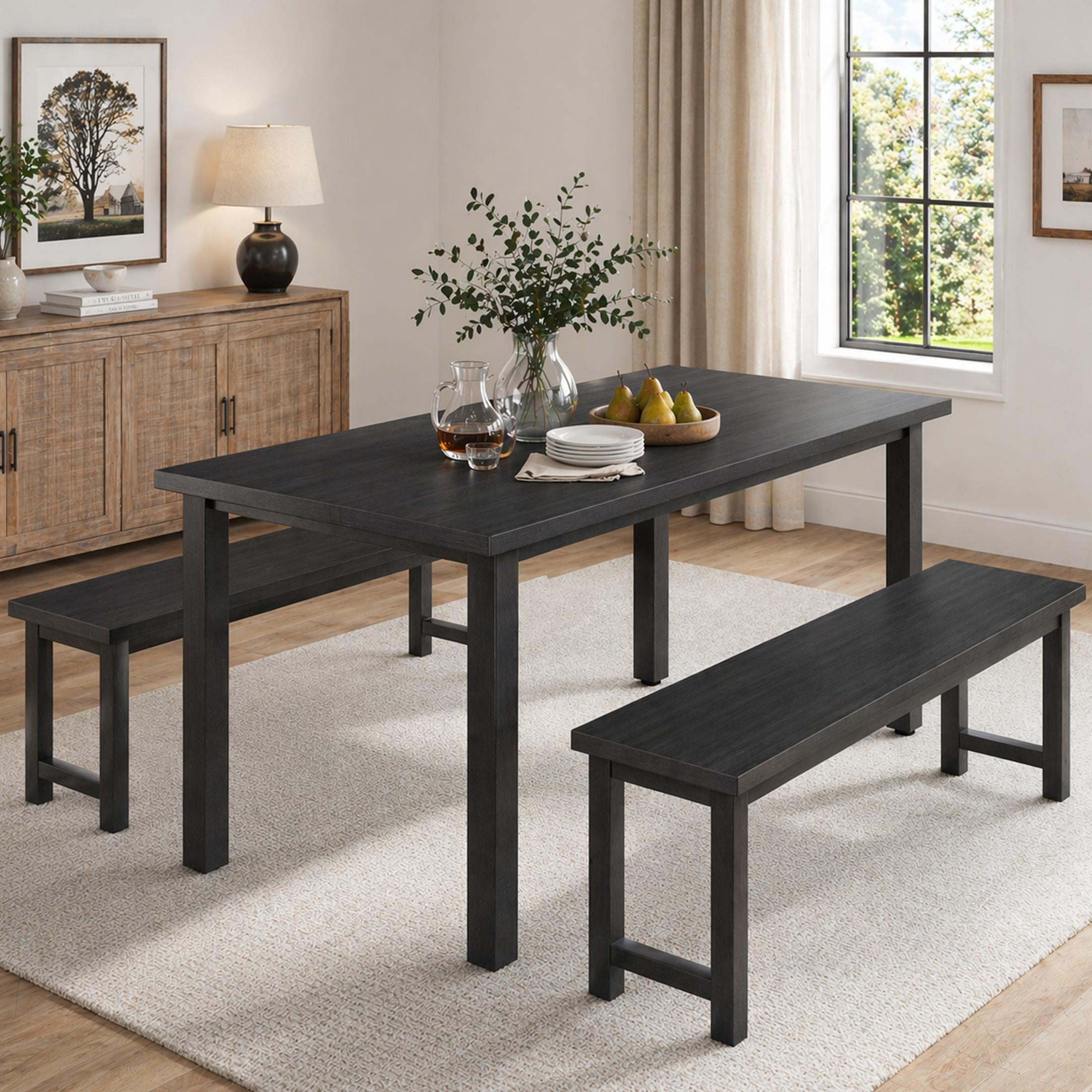 UHOMEPRO Dining Table Set for 4, Kitchen Table with 2 Benches