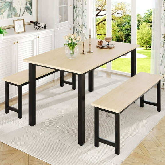 UHOMEPRO Dining Table Set for 4, 3-Piece Kitchen Table Set with 2 Benches, Modern Dining Room Table Set with Metal Frame, Breakfast Nook Furniture Set for Home Cafeteria Bar Dining Room, Beige