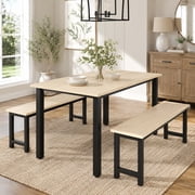 UHOMEPRO Dining Table Set for 4, Kitchen Table with 2 Benches, Modern Dining Room Table Set with Metal Frame, Breakfast Nook Furniture Set for Home Cafeteria Bar Kitchen, Natural+Black