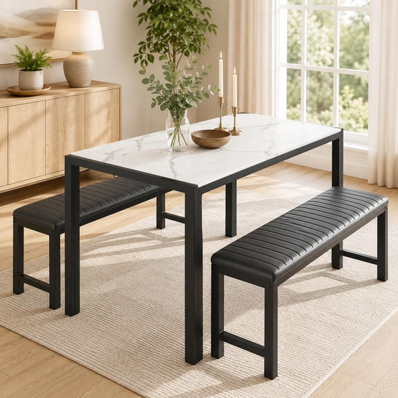 UHOMEPRO Dining Table Set for 4, Kitchen Table with 2 Benches, Modern Dining Room Table Set with Metal Frame, Breakfast Nook Furniture Set for Home Cafeteria Bar Kitchen, White+Black