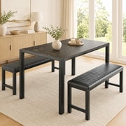UHOMEPRO Dining Table Set for 4, Kitchen Table with 2 Benches, Modern Dining Room Table Set with Metal Frame, Breakfast Nook Furniture Set for Home Cafeteria Bar Kitchen, Brown+Black
