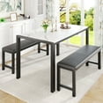 thumbnail image 1 of UHOMEPRO Dining Table Set for 4, 3-Piece Kitchen Table Set with 2 Benches, Modern Dining Room Table Set with Metal Frame, Breakfast Nook Furniture Set for Home Cafeteria Bar Dining Room, White, 1 of 13