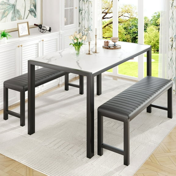 UHOMEPRO Dining Table Set for 4, 3-Piece Kitchen Table Set with 2 Benches, Modern Dining Room Table Set with Metal Frame, Breakfast Nook Furniture Set for Home Cafeteria Bar Dining Room, White