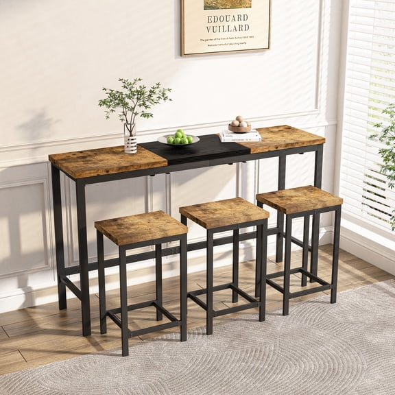 UHOMEPRO Dining Table Set for 3, Vintage Rectangular Counter Height Bar Table with 3 Stools, 4 Piece Bar Table Set for Kitchen Bar Dining Room Breakfast Nook, Hanging Stool Design, Natural + Black
