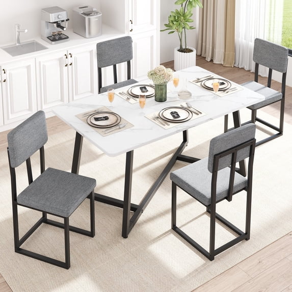 UHOMEPRO Dining Table Set for 4, 5 Piece Dining Room Table Set with Faux Marble Tabletop and 4 Linen Fabric Upholstered Chairs, Modern Kitchen Table Set Dining Set for Dining Room, White+Gray