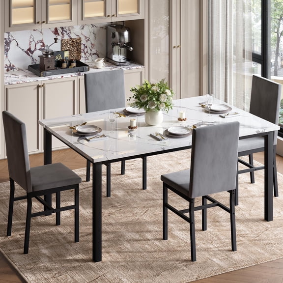 UHOMEPRO Dining Table Set for 4, 5 Piece Dining Room Table Set with Gray Velvet Upholstered Chairs, White Faux Marble Pattern Rectangle Kitchen Table Set for Breakfast Nook Small Space