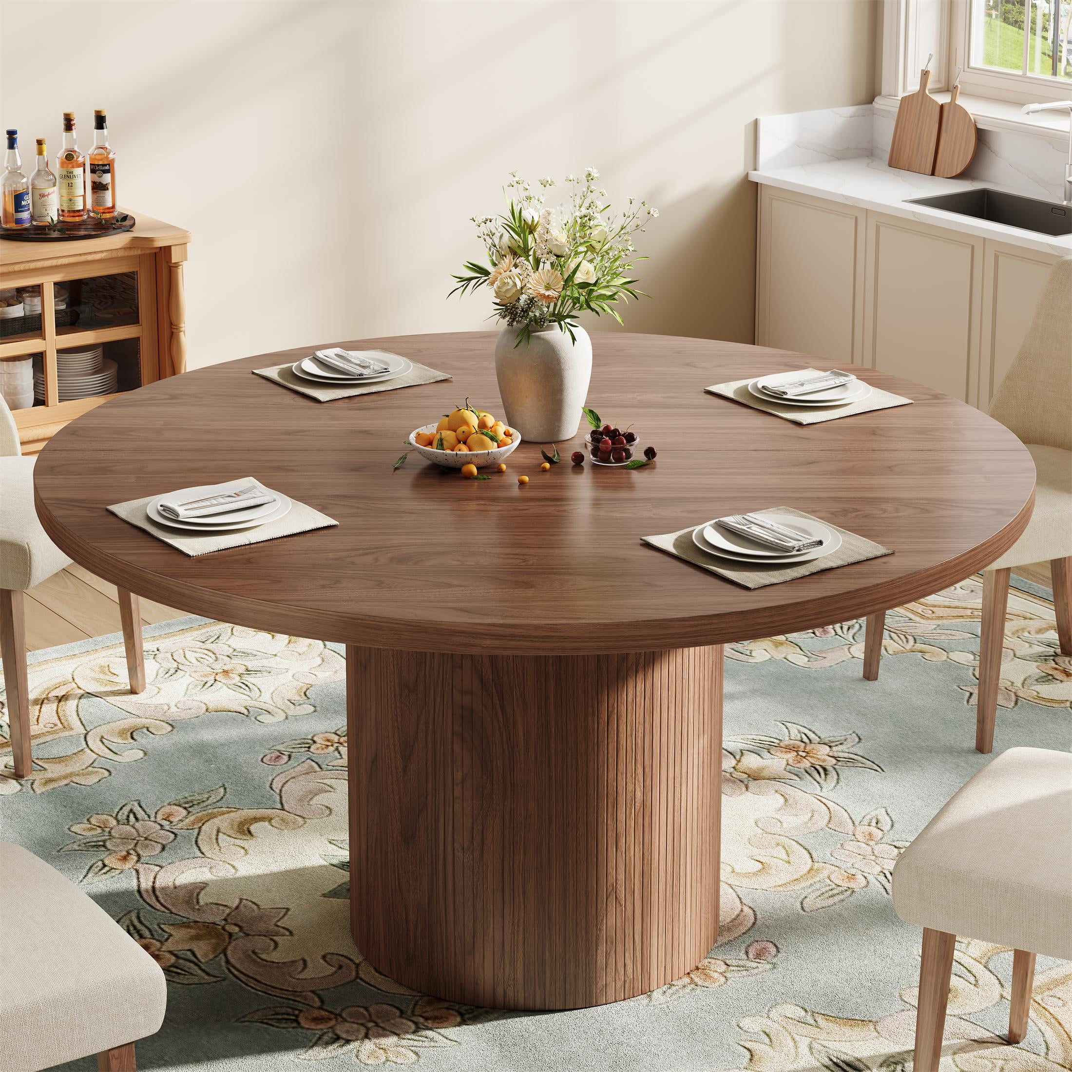 UHOMEPRO Round Dining Table, 47" Circle Kitchen Table for 4-6, Farmhouse Dining Room Table with Sturdy Wood Strip Base, Modern Dining Table for Dining Room Living Room, Walnut(Only Table)
