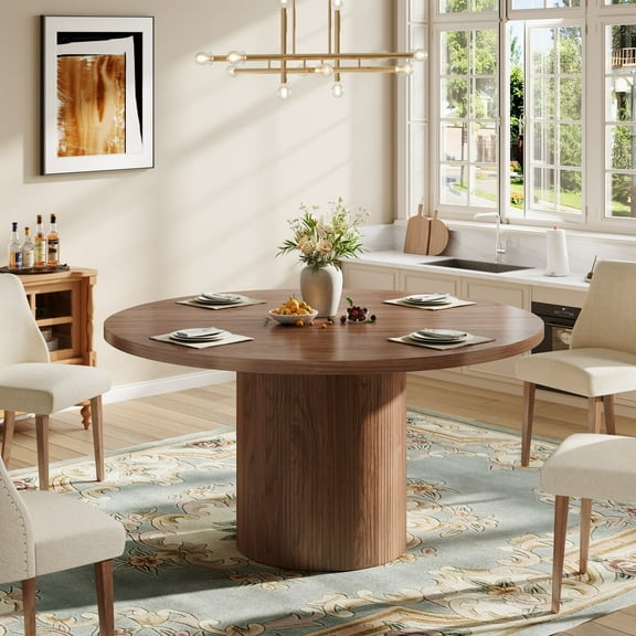 UHOMEPRO Round Dining Table, 47" Circle Kitchen Table for 4-6, Farmhouse Dining Room Table with Sturdy Wood Strip Base, Modern Dining Table for Dining Room Living Room, Walnut(Only Table)