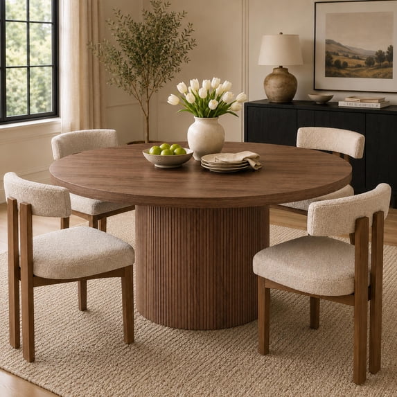 UHOMEPRO Round Dining Table, 47" Circle Kitchen Table for 4-6, Farmhouse Dining Room Table with Sturdy Wood Strip Base, Circle Dinner Pedestal Table for Apartment Living Room, Walnut(Only Table)