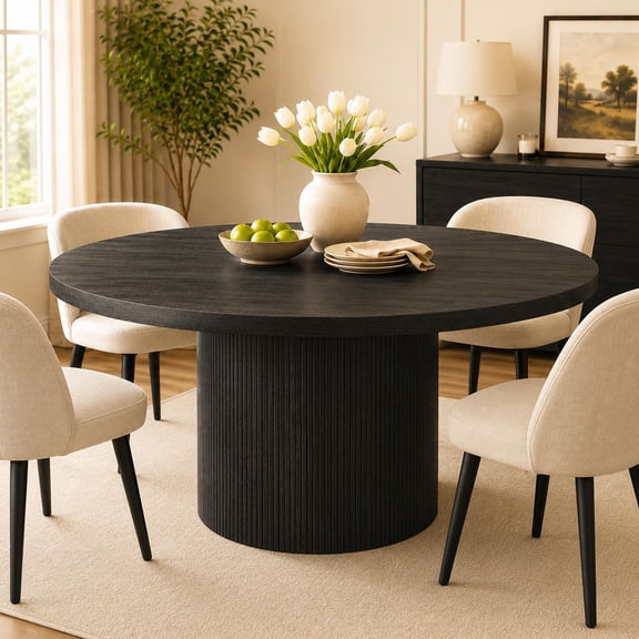 UHOMEPRO Round Dining Table, 47" Circle Kitchen Table for 4-6, Farmhouse Dining Room Table with Sturdy Wood Strip Base, Circle Dinner Pedestal Table for Apartment Living Room, Black(Only Table)