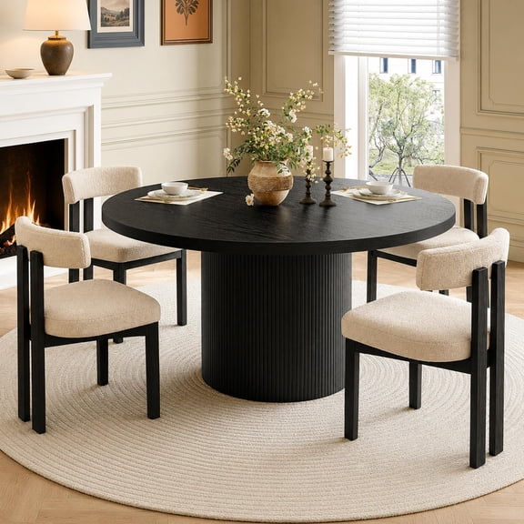 UHOMEPRO Round Dining Table, 47" Circle Kitchen Table for 4-6, Farmhouse Dining Room Table with Sturdy Wood Strip Base, Circle Dinner Pedestal Table for Apartment Living Room, Black(Only Table)