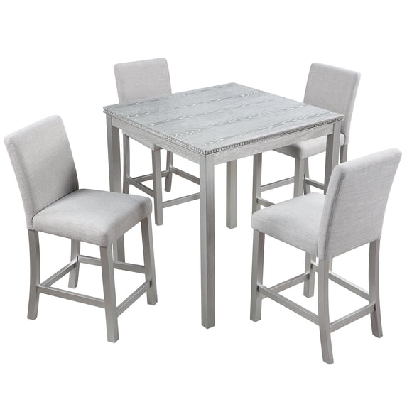 UHOMEPRO Dining Table Set for 4, Counter Height Dining Table and Chair Set, Square Wooden Table with 4 Upholstered Chairs and Crystal Decoration, Kitchen and Dining Room, Gray