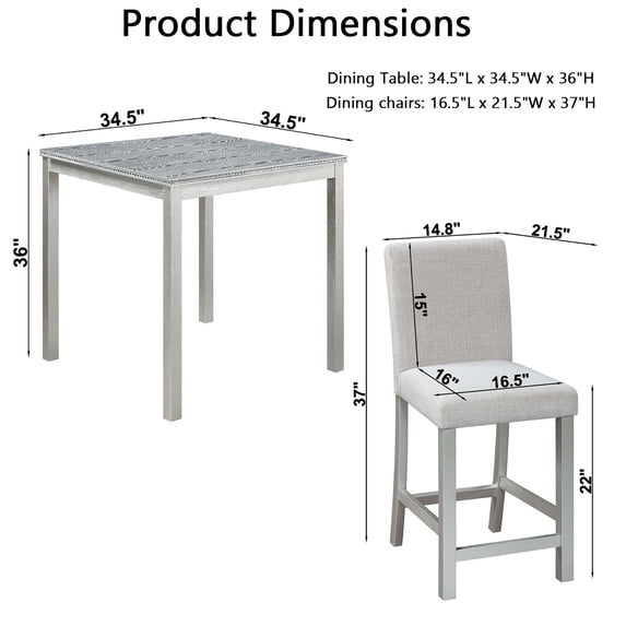 UHOMEPRO Dining Table Set for 4, Counter Height Dining Table and Chair Set, Square Wooden Table with 4 Upholstered Chairs and Crystal Decoration, Kitchen and Dining Room, Gray
