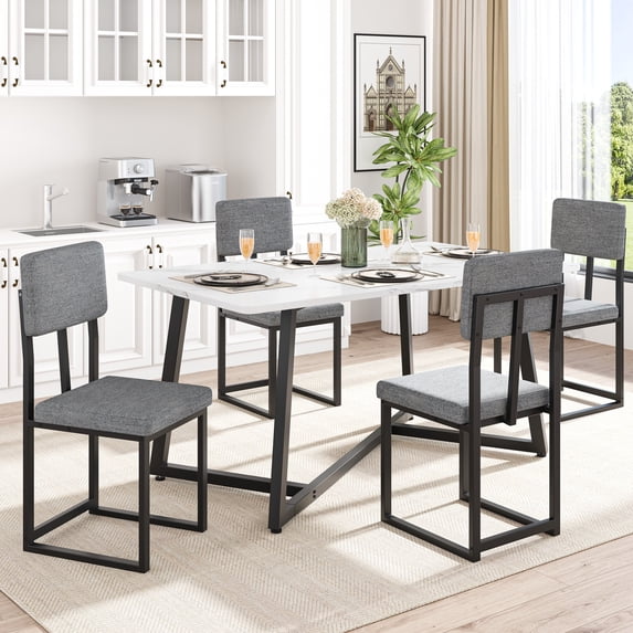 UHOMEPRO Dining Table Set for 4, Modern Faux Marble Tabletop and 4 Linen Fabric Upholstered Chairs, Modern Kitchen Table and Chairs for Small Spaces, 5 Piece Dining Room Table Set, White+Gray