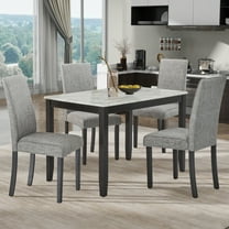 UHOMEPRO Dining Table Set for 4, Solid Wood 5 Pieces Dining Room Set with Faux Marble Tabletop and Soft Upholstered Chairs, Rectangle Kitchen Table and Chairs for Dining Room