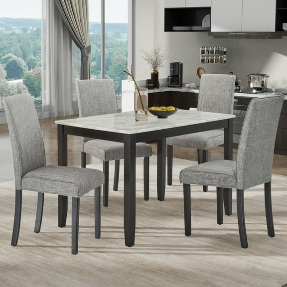 UHOMEPRO Dining Table Set for 4, Solid Wood 5 Pieces Dining Room Set with Faux Marble Tabletop and Soft Upholstered Chairs, Rectangle Kitchen Table and Chairs for Dining Room