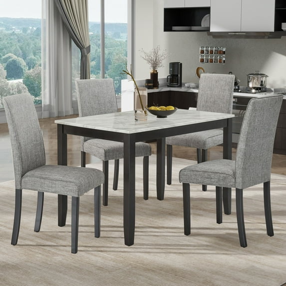 UHOMEPRO Dining Table Set for 4, Solid Wood 5 Pieces Dining Room Set with Faux Marble Tabletop and Soft Upholstered Chairs, Rectangle Kitchen Table and Chairs for Dining Room