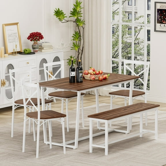 UHOMEPRO Dining Table Set for 6, 6 Piece Wooden Kitchen Table Set with 4 Chairs and 1 Bench for Kitchen Dining Room, Modern Dining Room Set with Sturdy Frame, Brown&White