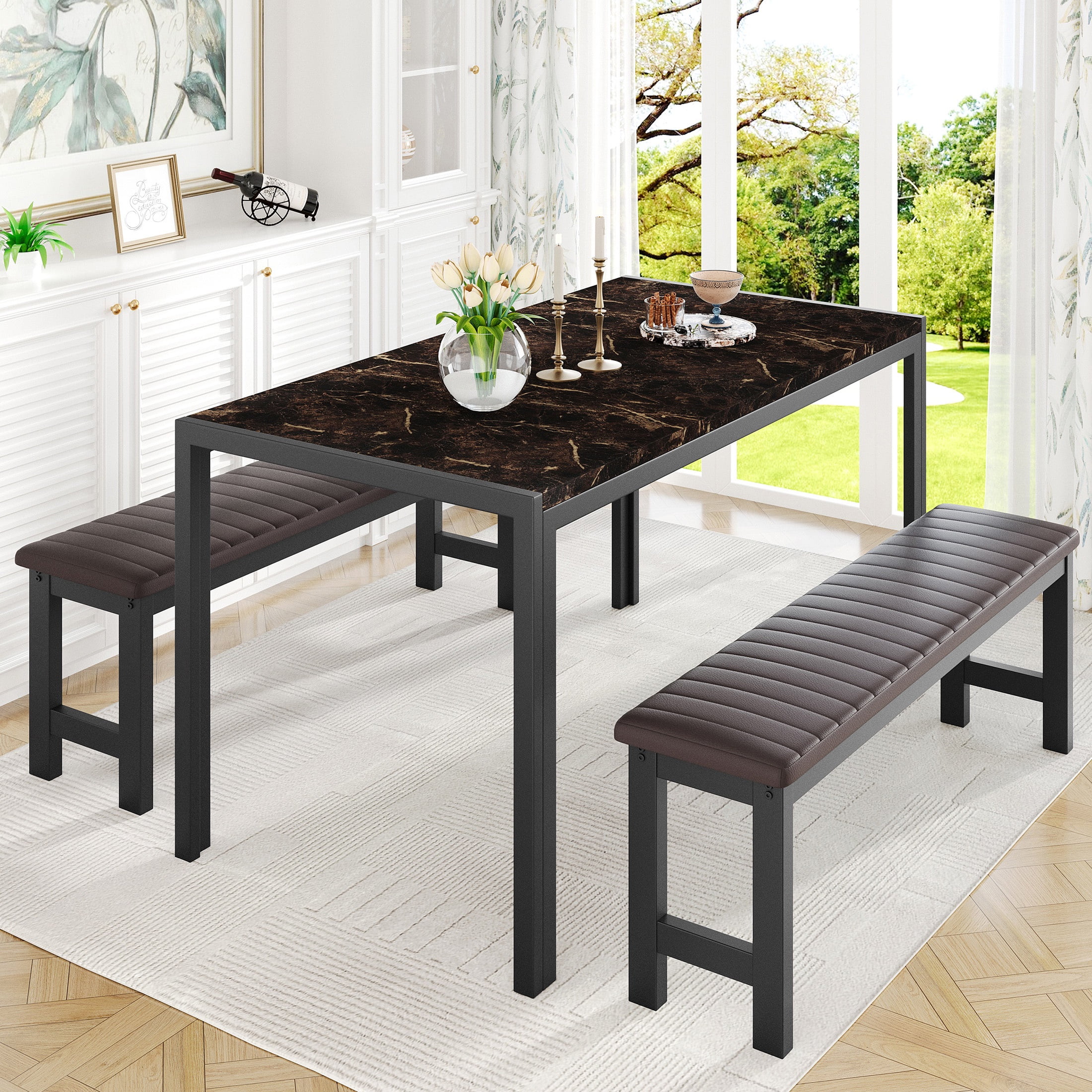 UHOMEPRO Dining Table Set for 4, Faux Marble Kitchen Table with 1 Table and 2 Brwon Leather ...