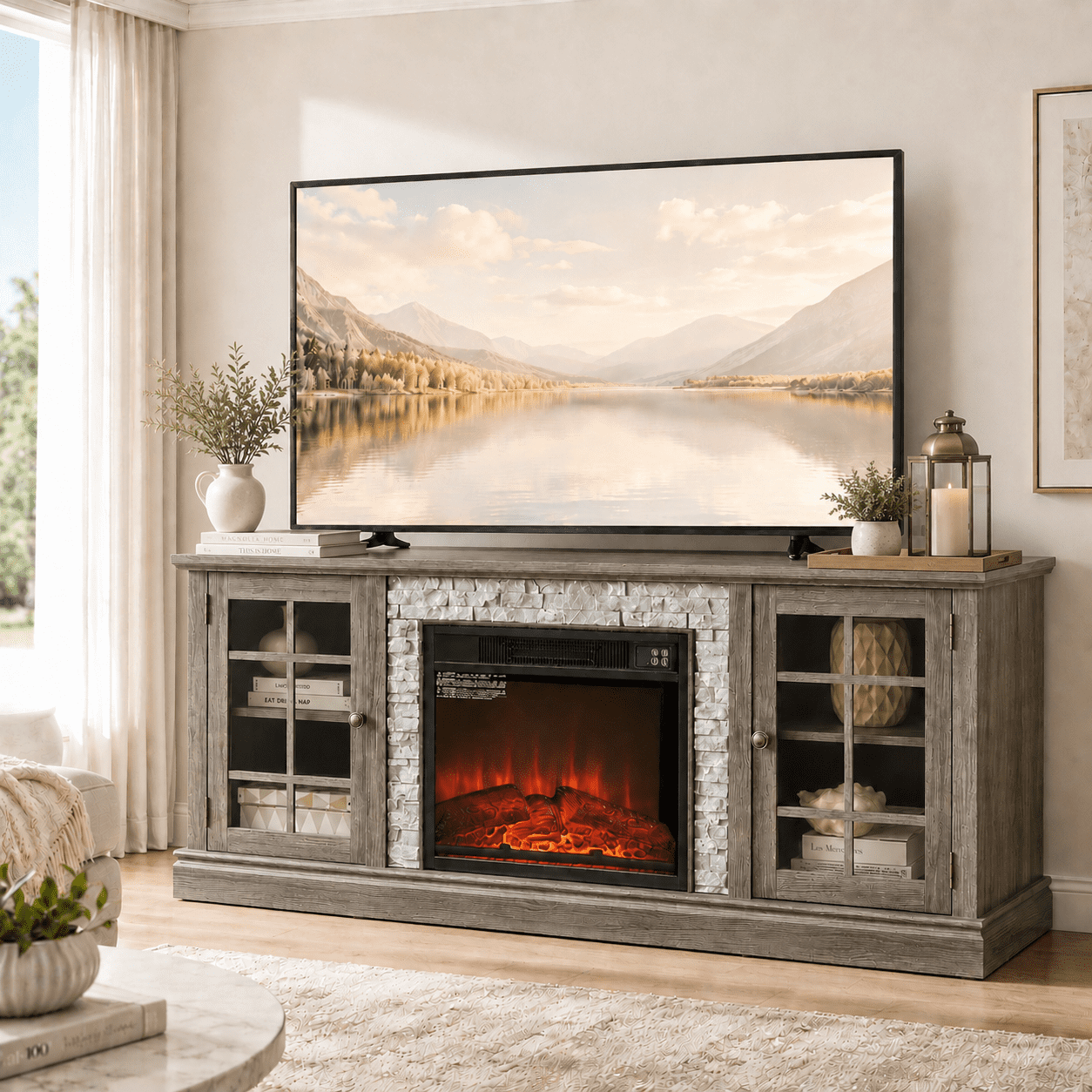 Electric Fireplace TV Stand for 65″ TVs, UHOMEPRO Fireplace Entertainment Center TV Console Table with 18″ Fireplace, 2-Door Storage Cabinets, Holds up to 200 lbs, Grey