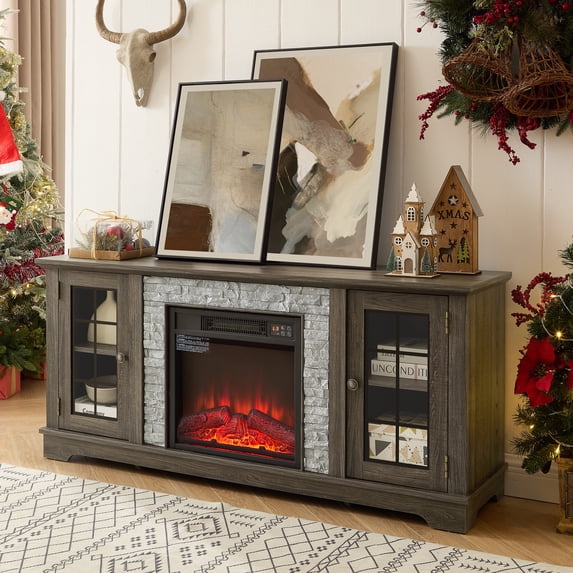 Electric Fireplace TV Stand for 65″ TVs, UHOMEPRO Fireplace Entertainment Center TV Console Table with 18″ Fireplace, 2-Door Storage Cabinets, Holds up to 200 lbs, Grey